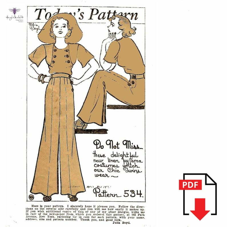 Chic 1930's Vintage Sewing Pattern: Beach Pyjama High image 0