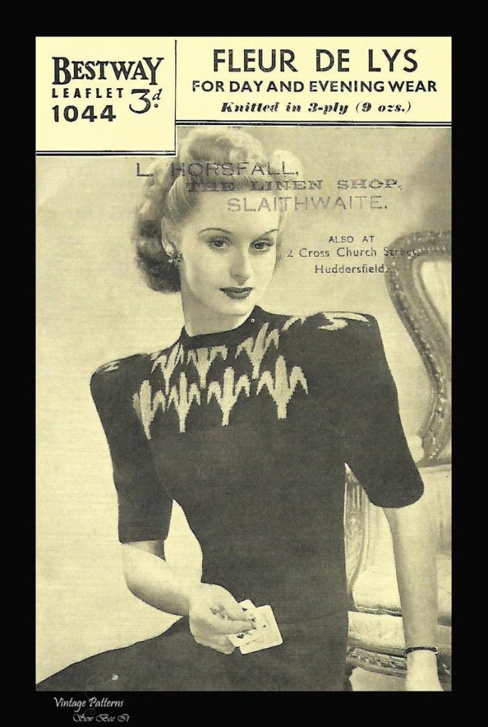 1940's Knitting Pattern:  Jumper Fleur De Lis Rare Bust image 0