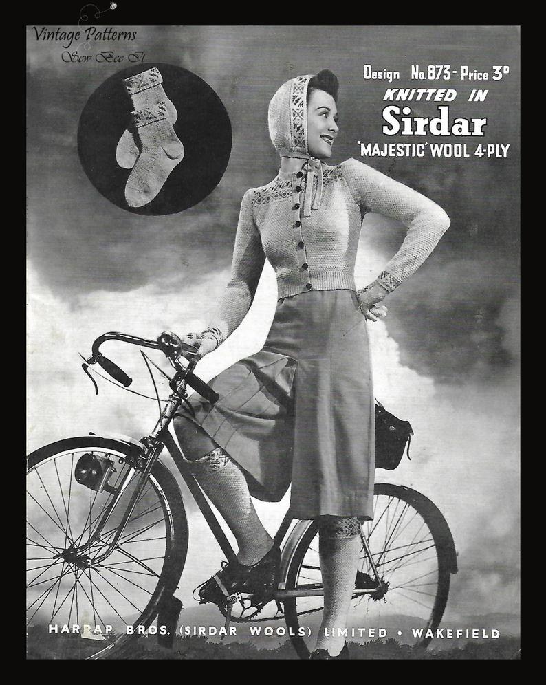 1940's Knitting Pattern: Fair Isle Cardigan Socks Hood & image 0