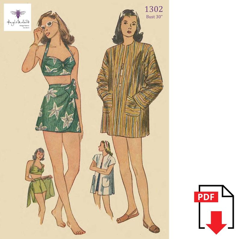 Vintage 1940's Sewing Pattern: Bathing Suit Sarong Beach image 0