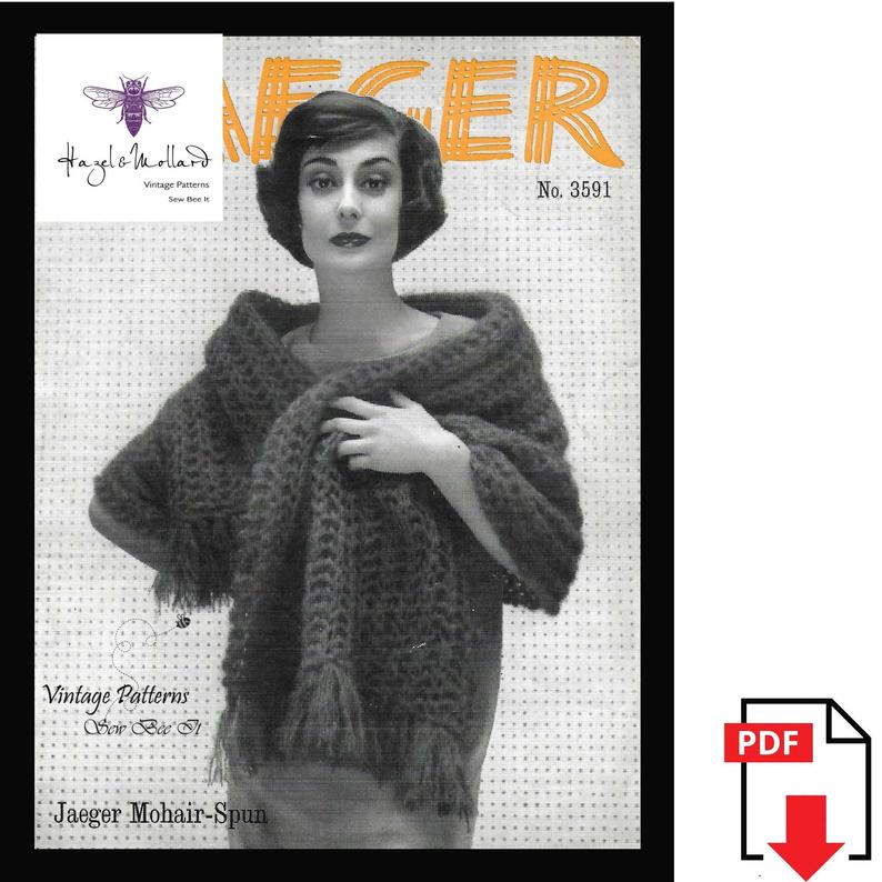 1950's Jaeger Knitting Pattern: Mohair-Spun Stole Wooden image 0