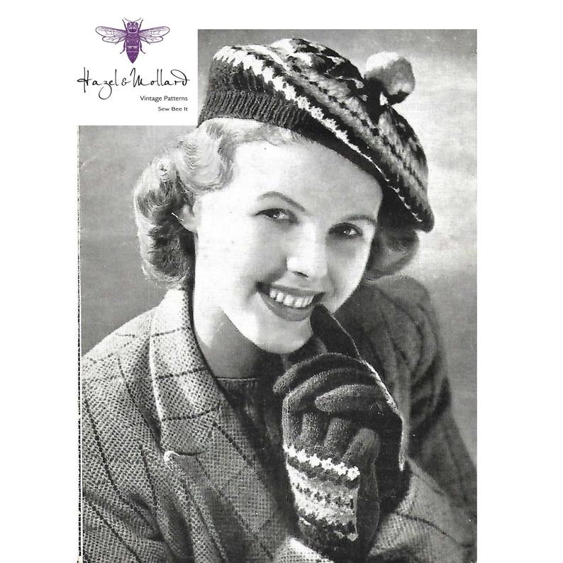 Vintage 1930's 1940's Knitting Pattern Fair Isle Beret image 0