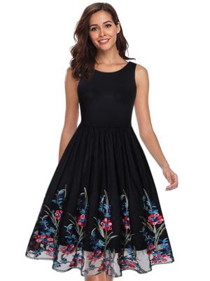 Retro Round Neck Sleeveless Lace Stitching Print Dress