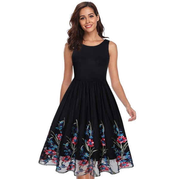Retro-Round-Neck-Sleeveless-Lace-Stitching-Print-Dress Retro Round Neck Sleeveless Lace Stitching Print Dress