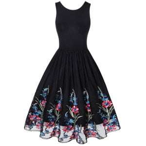 Retro Round Neck Sleeveless Lace Stitching Print Dress
