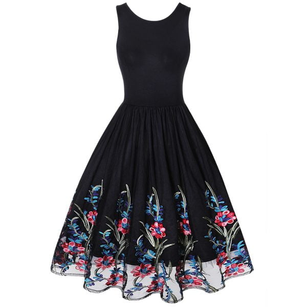 Retro-Round-Neck-Sleeveless-Lace-Stitching-Print-Dress Retro Round Neck Sleeveless Lace Stitching Print Dress