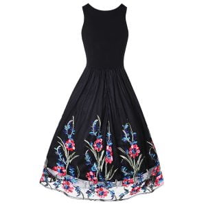 Retro Round Neck Sleeveless Lace Stitching Print Dress