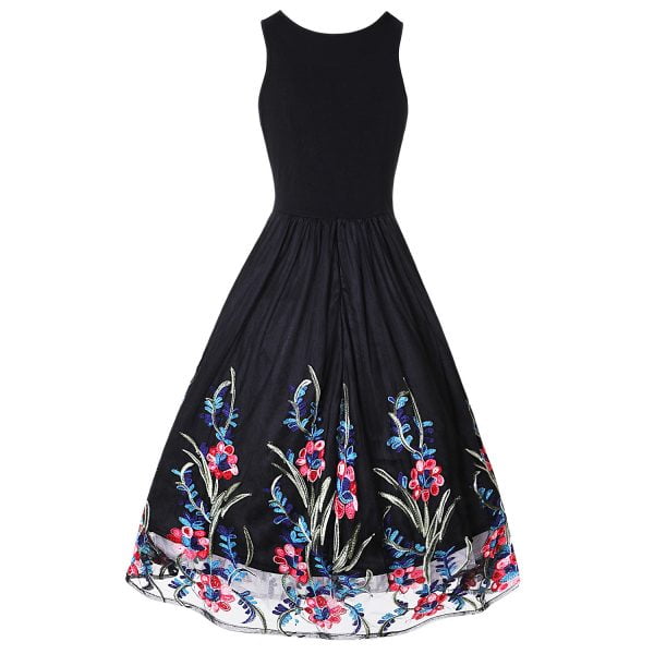 Retro-Round-Neck-Sleeveless-Lace-Stitching-Print-Dress Retro Round Neck Sleeveless Lace Stitching Print Dress