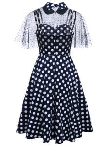Hepburn Style Two-piece Dot Stitching Sling Dress With Detachable Mesh Shawl