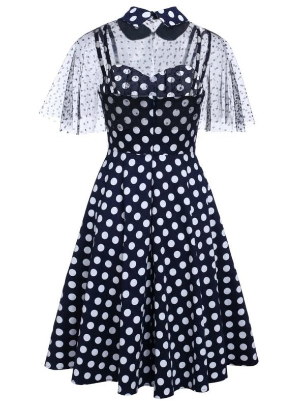 Hepburn Style Two-piece Dot Stitching Sling Dress With Detachable Mesh Shawl