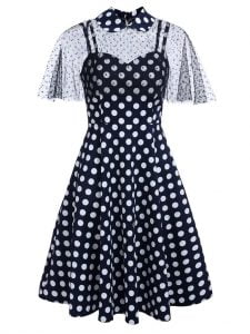 Hepburn Style Two-piece Dot Stitching Sling Dress With Detachable Mesh Shawl