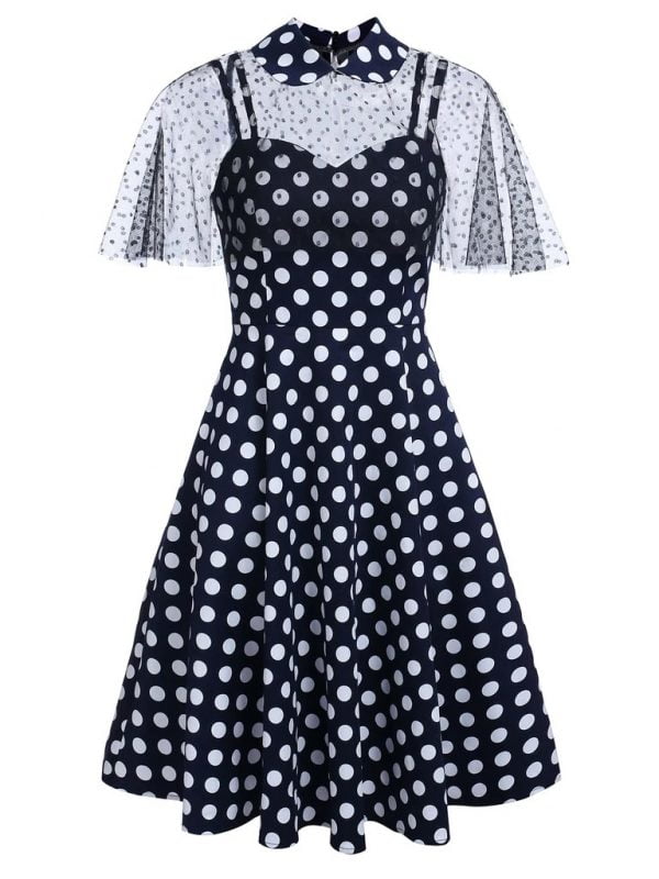 Hepburn Style Two-piece Dot Stitching Sling Dress With Detachable Mesh Shawl