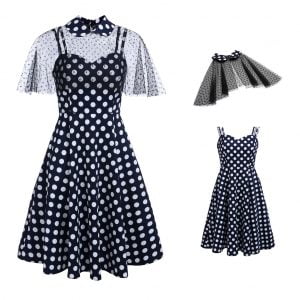 Hepburn Style Two-piece Dot Stitching Sling Dress With Detachable Mesh Shawl
