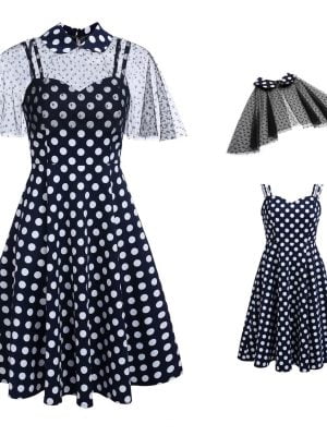 Hepburn Style Two-piece Dot Stitching Sling Dress With Detachable Mesh Shawl