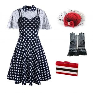 Hepburn Style Two-piece Dot Stitching Sling Dress With Detachable Mesh Shawl