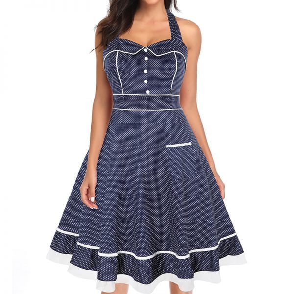 Hepburn Style Retro Halter Neck 50s Pleated Dress