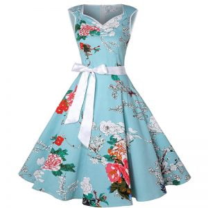 Women Sleeveless Print Retro Swing Dress