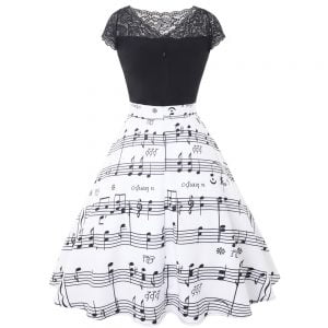 Women Dress One-shoulder Lace Retro Note Printing Swing Dress