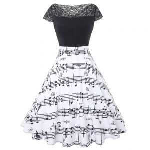Women Dress One-shoulder Lace Retro Note Printing Swing Dress