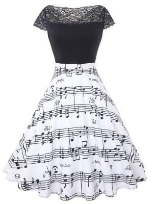 Women Dress One-shoulder Lace Retro Note Printing Swing Dress