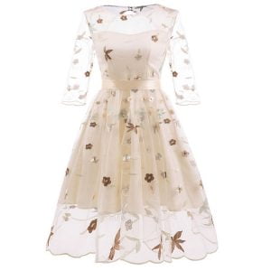 Women's Tea Dress Flower Embroidered 1950s Rockabilly Lace Swing Dress