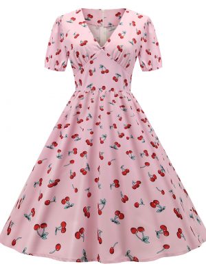 Puff Sleeve Pink Cherry Print Dress
