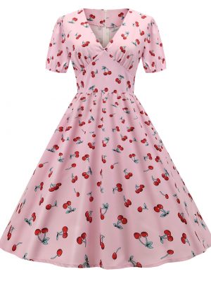 Puff Sleeve Pink Cherry Print Dress