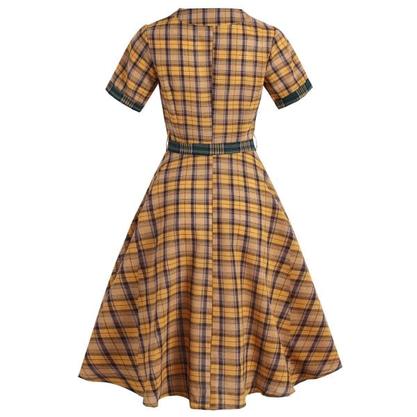 1950s Plaid Dress Short-sleeved Mid-waist Swing Dress