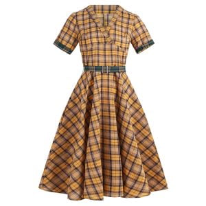1950s Plaid Dress Short-sleeved Mid-waist Swing Dress