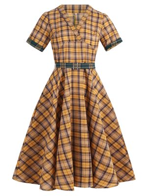 1950s Plaid Dress Short-sleeved Mid-waist Swing Dress