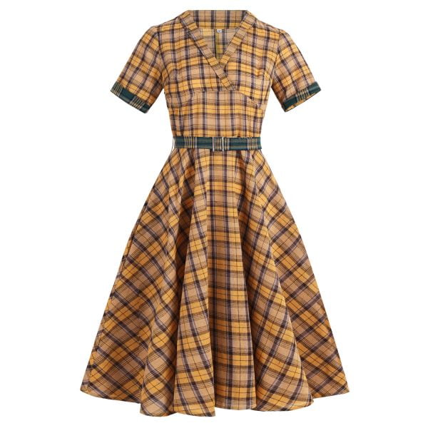 1950s Plaid Dress Short-sleeved Mid-waist Swing Dress