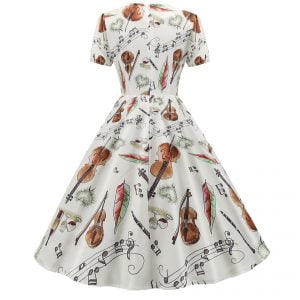 Art Style Dress Violin Printed Puff Sleeve Party Dress