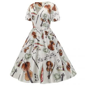 Art Style Dress Violin Printed Puff Sleeve Party Dress