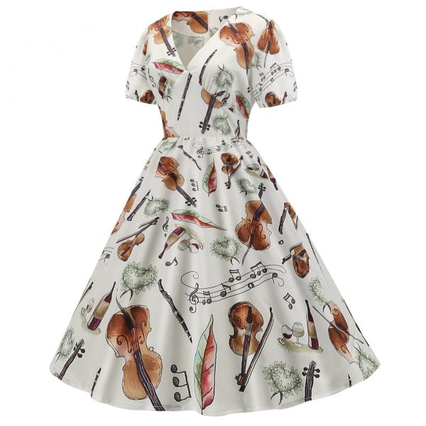 Art-Style-Dress-Violin-Printed-Puff-Sleeve-Party-Dress Art Style Dress Violin Printed Puff Sleeve Party Dress