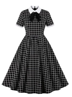 1950s Dress for Women Bowknot-neck Plaid Dress