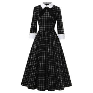 1950s Dress for Women Bowknot-neck Plaid Dress
