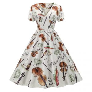 Art Style Dress Violin Printed Puff Sleeve Party Dress