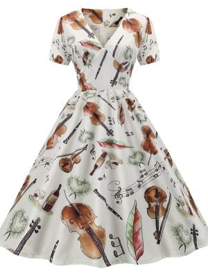 Art Style Dress Violin Printed Puff Sleeve Party Dress
