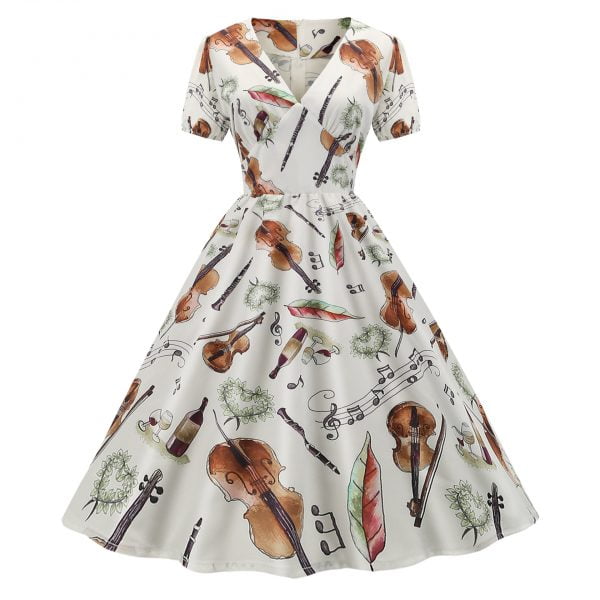 Art-Style-Dress-Violin-Printed-Puff-Sleeve-Party-Dress Art Style Dress Violin Printed Puff Sleeve Party Dress