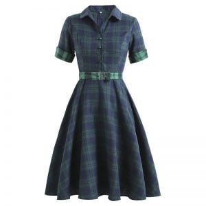 Retro Plaid Stitching Short Sleeve Dress