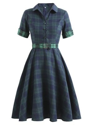 Retro Plaid Stitching Short Sleeve Dress