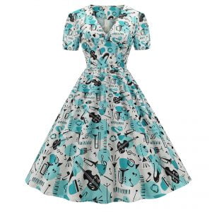 Art Style Dress Violin Printed Puff Sleeve Party Dress