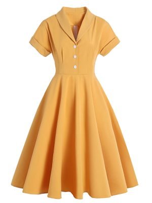 vintage-retro Yellow Dress Retro Lapel Swing Knee Length Dress - Vintage- Retro vintage-retro Yellow Dress Retro Lapel Swing Knee Length Dress - Vintage- Retro