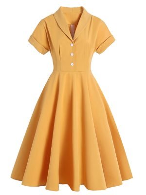 Solid Color Mid-length Retro Lapel Dress