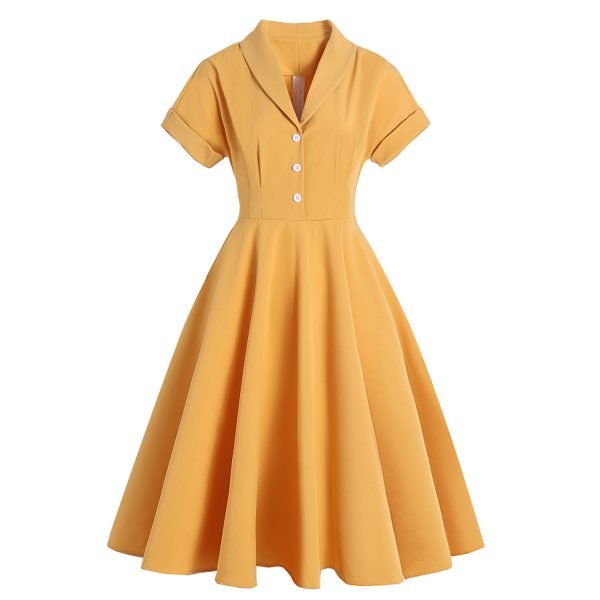 Solid Color Mid-length Retro Lapel Dress
