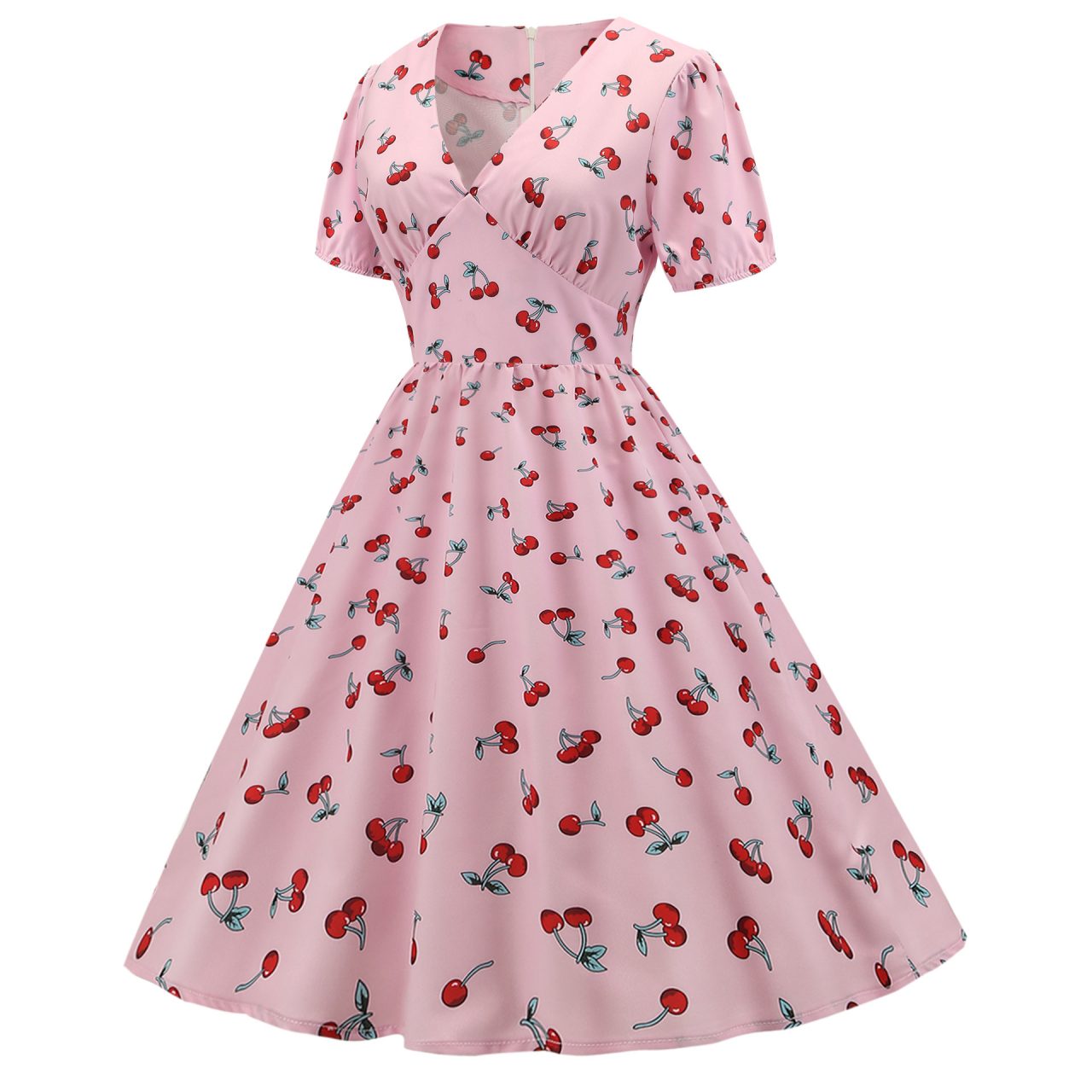 1950‘s Dresses ’Puff Sleeve Pink Cherry Print Dress - Vintage-Retro
