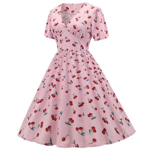 Puff Sleeve Pink Cherry Print Dress