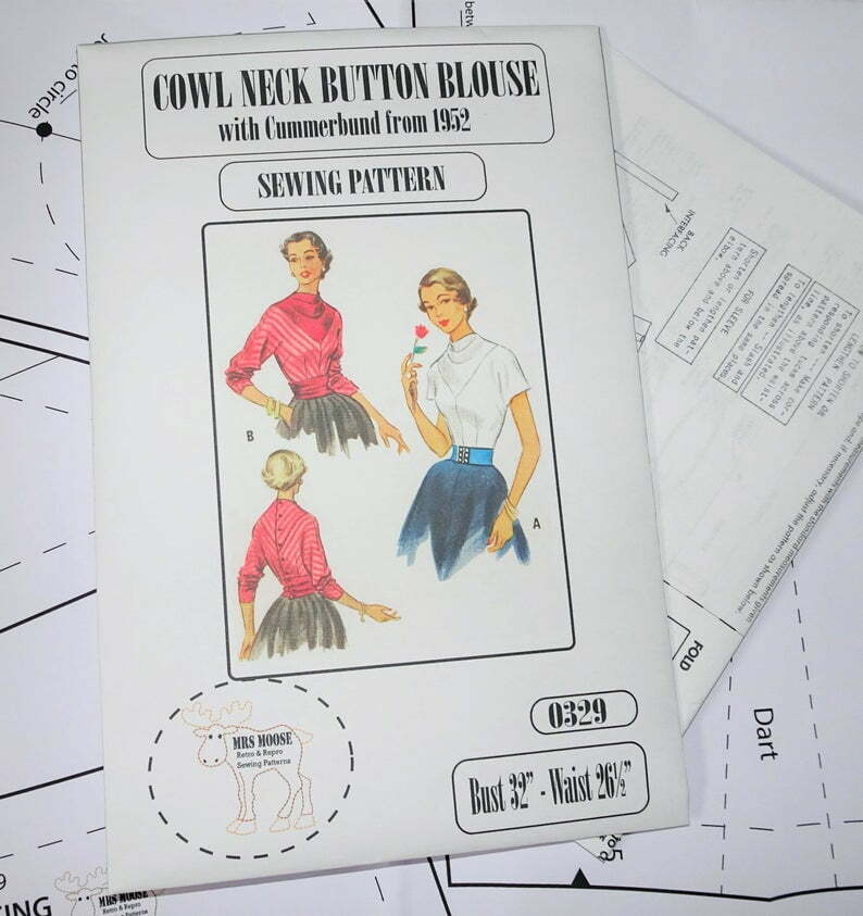 1952 repro sewing pattern  cowl neck button back blouse with image 0