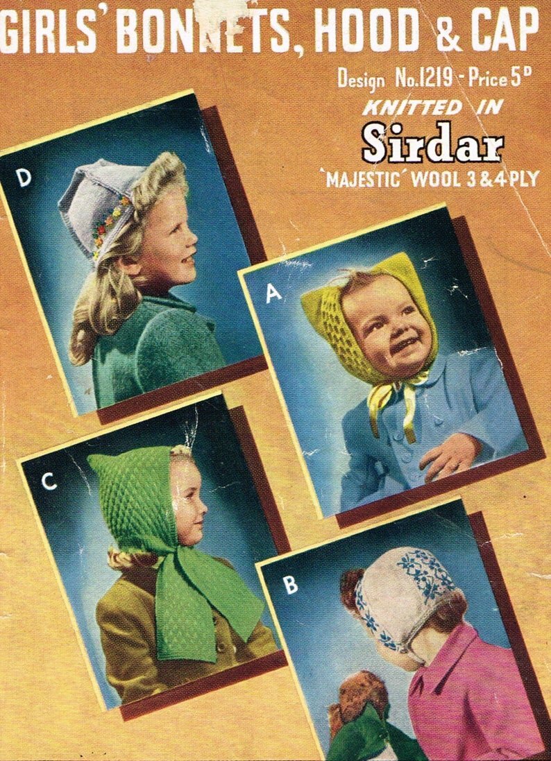 Vintage Baby bonnets and girls hat knitting pattern PDF image 0