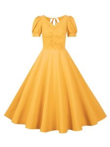 Women's Dress Audrey Hepburn Solid Color V-Neck Short Sleeve Large Swing Dress